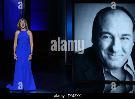 Schauspielerin Edie Falco spricht während einer Nachruf für die Gefährte opranos' Stern James Fandolfini am 65. jährlichen Primetime Emmy Awards bei Nokia Theater in Los Angeles am 22. September 2013. UPI/Jim Ruymen Stockfoto