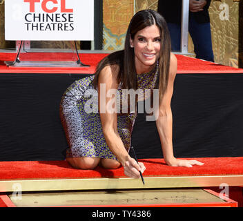 Schauspielerin Sandra Bullock nimmt an einem Hand- und Fußabdruck Zeremonie, ihre Hände und Füße in feuchtem Zement Platzierung auf dem Vorplatz des TCL Chinese Theatre (ehemals Grauman's), in der Hollywood in Los Angeles am 25. September 2013. UPI/Jim Ruymen Stockfoto