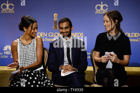 Darsteller Zoe Saldana, Aziiz Ansari und Olivia Wilde (L-R) für die 71. jährlichen Golden Globe Awards Nominierungen Ankündigungen im Beverly Hilton Hotel in Beverly Hills, Kalifornien am 12. Dezember 2013 vorbereiten. Die Gewinner werden bei der NBC-Fernsehsendung am 12. Januar 2014 bekannt gegeben. UPI/Jim Ruymen Stockfoto