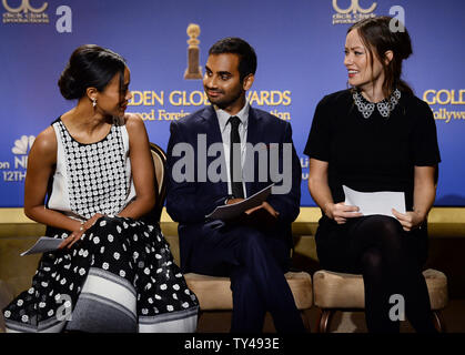 Darsteller Zoe Saldana, Aziiz Ansari und Olivia Wilde für die 71. jährlichen Golden Globe Awards Nominierungen Ankündigungen im Beverly Hilton Hotel in Beverly Hills, Kalifornien am 12. Dezember 2013 vorbereiten. Die Gewinner werden bei der NBC-Fernsehsendung am 12. Januar 2014 bekannt gegeben. UPI/Jim Ruymen Stockfoto