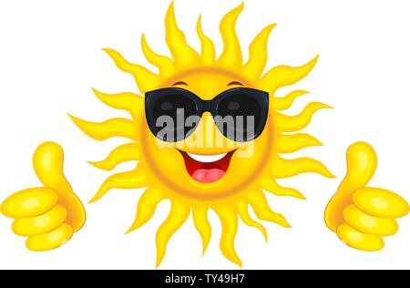 Ein frohes cartoon Sonne in Schutzbrille aus der Sonne. Einen fröhlichen Karikatur Sonne auf weißem Hintergrund. Lächelnde Sonne und Hände mit einem Finger angehoben. Stock Vektor