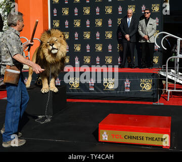 Schauspieler Sylvester Stallone (R) und Metro-Goldwyn-Mayer (MGM) CEO Gary Barber zusehen, wie MGM Maskottchen Leo der Löwe ist verewigt mit einem pfotenabdruck Zeremonie in den Vorplatz der TCL Chinese Theatre (ehemals Grauman's) in den Hollywood in Los Angeles am 22. Januar 2014. MGM begann ein Jahr lang globale Kampagne das Studio 90 zu Ehren-Legacy und Film Katalog mit der Zeremonie. UPI/Jim Ruymen Stockfoto