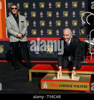 Schauspieler Sylvester Stallone (L) und Metro-Goldwyn-Mayer (MGM) CEO Gary Barber an einem pfotenabdruck Zeremonie verewigen MGM Maskottchen Leo der Löwe in den Vorplatz der TCL Chinese Theatre (ehemals Grauman's) in den Hollywood in Los Angeles am 22. Januar 2014. MGM begann ein Jahr lang globale Kampagne das Studio 90 zu Ehren-Legacy und Film Katalog mit der Zeremonie. UPI/Jim Ruymen Stockfoto