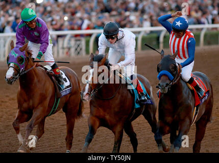 Bayern (rechts) von Martin Garcia geritten gewinnt die Brüter-Schale Klassiker wie Toast von New York (Mitte) geritten von Jamie Spencer zweite beendete, und Kalifornien Chrom (links) geritten von Victor Espinosa 2014 Brüter-Schale Weltmeisterschaften in Santa Anita Park in Arcadia, Kalifornien am 1. November 2014 Dritte beendet. UPI/Jonathan Alcorn Stockfoto