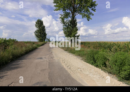 Hintergrund Textur der Landschaft mit alten Landstraße, Autobahn mit Bohrungen im Sommer. Stockfoto