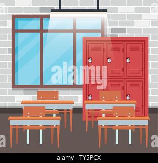 Bildung Klassenzimmer mit Schließfächern und Schreibtisch mit Fenster Stock Vektor