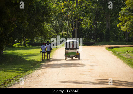 Eine Auto-rikscha (auch als Tuc Tuc oder Tuk Tuk) ist in Richtung der Lion Rock in Sigiriya. Stockfoto