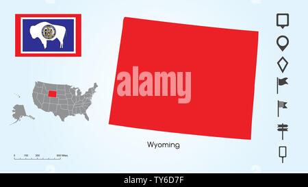 Karte der Vereinigten Staaten von Amerika mit den Ausgewählten Zustand von Wyoming und Wyoming Flagge mit Locator Collection. Stock Vektor