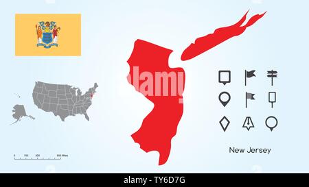 Karte der Vereinigten Staaten von Amerika mit dem ausgewählten Zustand von New Jersey und New Jersey Flagge mit Locator Collection. Stock Vektor