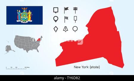 Karte der Vereinigten Staaten von Amerika mit dem ausgewählten Zustand von New York und New York Flagge mit Locator Collection. Stock Vektor