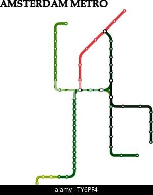 Karte von der Amsterdamer U-Bahn-, U-Bahn, Vorlage der City Transport System für U-Straße. Stock Vektor