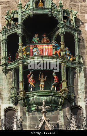 Glockenspiel Detail des alten Glockenspiel des Neuen Rathaus von München (Neues Rathaus) XIX Jahrhundert neo-gotische Palast auf dem Marienplatz. Deutschland Stockfoto