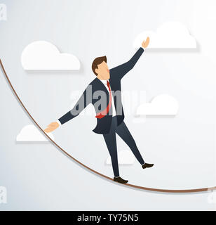 Konzept der Geschäftsmann oder der Mensch in der Krise wandern in Balance auf Seil über Himmel Hintergrund Stockfoto