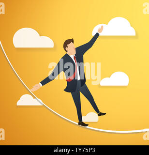 Konzept der Geschäftsmann oder der Mensch in der Krise wandern in Balance auf Seil über Himmel Hintergrund Stockfoto