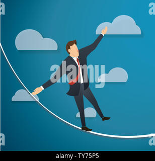 Konzept der Geschäftsmann oder der Mensch in der Krise wandern in Balance auf Seil über Himmel Hintergrund Stockfoto