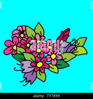 Bunten Strauß Blumen und Blätter. Doodle floraler Abbildung. Vector Illustration. Stock Vektor