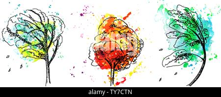 Eine Reihe von Vektor, Tusche und Aquarell Zeichnungen von Herbst Bäume mit bunten Farbtupfern Farbe auf weißem Hintergrund, schöne herbstliche Design Elemente Stock Vektor