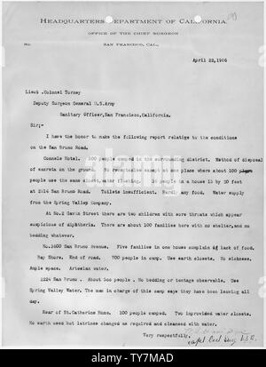 Brief von Assistant Surgeon General in der Zentrale Abteilung von Kalifornien, Ofrfice der Chefarzt, San Francisco CA zum Oberstleutnant Torney, Stellvertretender Surgeon General, US Army, Sanitär Officer, San Francisco, Kalifornien, 22. April 1906; Umfang und Inhalt: Dieses Dokument bezieht sich auf die Reaktion auf das Erdbeben San Francisco 1906 und Feuer. Stockfoto