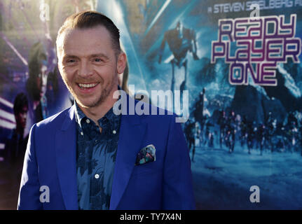 Warf Mitglied Simon Pegg besucht die Premiere des sci-fi-film 'Fertige Spieler Eins' an der Dolby Theatre in Hollywood" in Los Angeles am 26. März 2018. Handlung: als der Schöpfer der virtuellen Realität, genannt die Oase stirbt, er veröffentlicht ein Video, in dem er fordert alle OASE Benutzer seine Ostereier, die den Finder sein Glück zu finden. Foto von Jim Ruymen/UPI Stockfoto