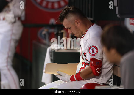 Anaheim, Kalifornien, USA. Juni 25, 2019 - Los Angeles Angels Mittelfeldspieler Mike Forelle (27) liest bis auf das gegnerische Team im Dugout während des Spiels zwischen den Cincinnati Reds und der Präfektur Aichi im Angel Stadium in Anaheim, CA, (Foto von Peter Joneleit, Cal Sport Media) Credit: Cal Sport Media/Alamy leben Nachrichten Stockfoto