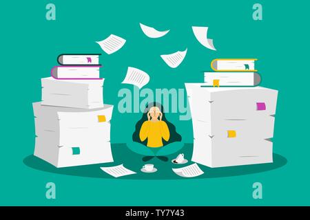 Junge Frau sitzt zwischen den Stapel Papier und ist mit vielen Informationen überfrachtet. Information overload Hintergrund. Vector Illustration. Stock Vektor