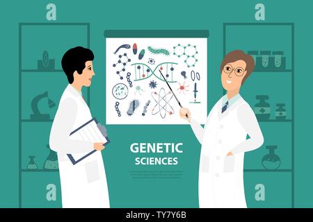 Vector Illustration mit zwei Wissenschaftler im Labor. Gesundheit und Biochemie Labor der Nanotechnologie. Stock Vektor