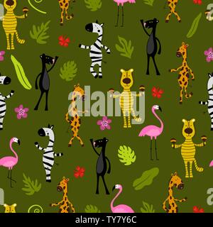 Nahtlose Muster mit Flamingo, Giraffe, Zebra, Tiger, Panther und Palmen. Tierwelt. Dschungel. Stock Vektor