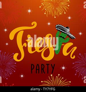 Mexikanische Fiesta Party Einladung mit Feuerwerk, Kakteen und Sombrero. Kreative Vector Illustration. Stock Vektor