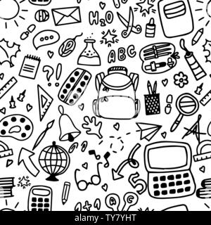 Nahtlose Muster mit Schulmaterial. Doodle Stil. Zurück zu Hintergrund Schule. Stock Vektor