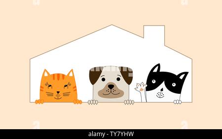 Zwei Katzen und einen Hund in ihrem Haus sitzen. Pet Shop. Lustig Hund und süße Katzen die besten Freunde. Vector Illustration. Stock Vektor