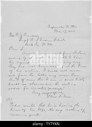 Brief an die Betriebsleiter über die Santa Clara Inder am St. Louis Exposition.; Umfang und Inhalt: Brief an Supp. Crandall von Miss wahr, dass Aniceto Sousea, der an der St. Louis Exposition ist, hat nicht alle die Dinge, die er nach St. Louis geliefert habe. Pedro Cajete, der auch auf der Messe, ist eine wundervolle Zeit. Stockfoto