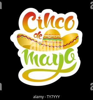 Happy Cinco de Mayo Plakat mit Sombrero und Schriftzug Cinco de Mayo! Kreative Vector Illustration auf schwarzen Hintergrund. Stock Vektor