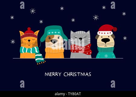 Frohe Weihnachten Abbildung: süße Katzen und Hunde. Stock Vektor