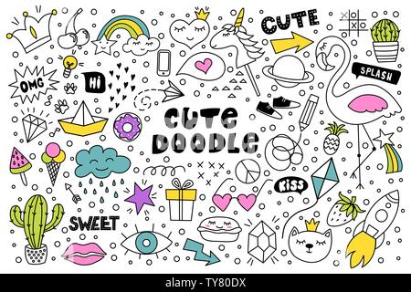 Satz von Süß und bunt doodle Handzeichnung auf weißem Hintergrund. Stock Vektor