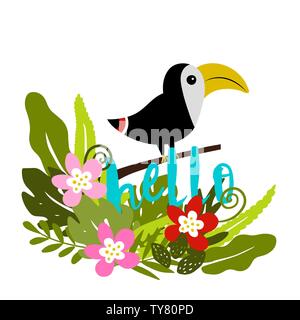 Schönen tropischen Hintergrund mit Tukan, Blätter, Blumen. Dschungel. Kann für Kind Buch, t-shirt, Poster, Sommer Grußkarte. Stock Vektor