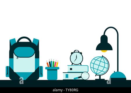 Zurück zu Schule Hintergrund mit Schulmaterial und Schultasche. Vector Illustration. Stock Vektor