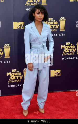 Schauspielerin Yara Shahidi besucht die MTV Movie & TV Auszeichnungen bei den Barker Hangar in Santa Monica, Kalifornien am 16. Juni 2018. Es wird der 27. Ausgabe des Awards werden, und der zweite, um gemeinsam Filme und Fernsehen ehren. Die Show wird Band am Samstag, den 16. Juni, am Montag, den 18. Juni. Foto von Jim Ruymen/UPI Stockfoto