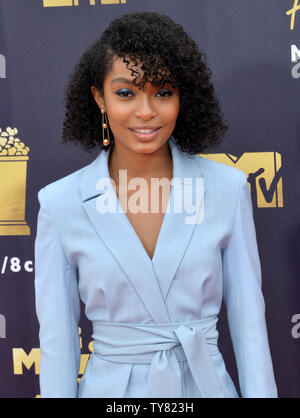 Schauspielerin Yara Shahidi besucht die MTV Movie & TV Auszeichnungen bei den Barker Hangar in Santa Monica, Kalifornien am 16. Juni 2018. Es wird der 27. Ausgabe des Awards werden, und der zweite, um gemeinsam Filme und Fernsehen ehren. Die Show wird Band am Samstag, den 16. Juni, am Montag, den 18. Juni. Foto von Jim Ruymen/UPI Stockfoto