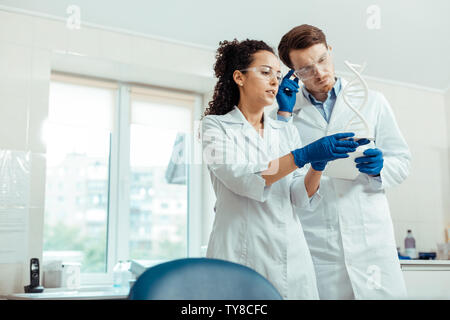 Smart schön Wissenschaftler an der DNA-Modell suchen Stockfoto