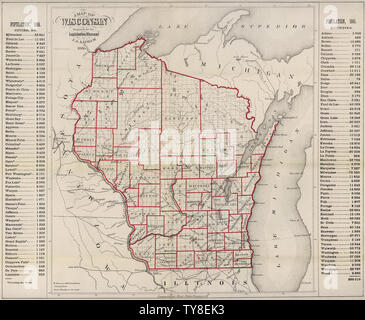 Karte von Wisconsin vorbereitet für die Legislative Handbuch mit Stadt und County 1865 Einwohner, 1866 Stockfoto