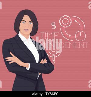 Elegante Business Frau. Erwachsene Person. Zeit-management Symbole. Geschäft Hintergrund. Vector Illustration. Stock Vektor