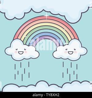 Wolken Himmel mit Regenbogen Wetter kawaii Zeichen Vector Illustration Design Stock Vektor