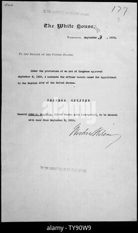 Botschaft von Präsident Woodrow Wilson nominating John J. Pershing General der United States Army, 09/04/1919 Stockfoto