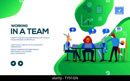 Business Team: Ziege, Löwe, Hase am Schreibtisch sitzen, diskutieren Projekt, Präsentation von Fox. Konzept einer erfolgreichen Teamarbeit, Konferenz. Flache vektor design. Für Text, kopieren. Stock Vektor