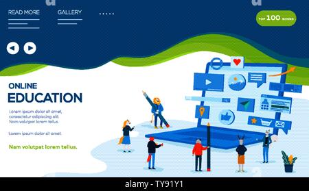 Schüler und Lehrer stehen rund um Computer mit Bleistift. Konzept der Distance Education, Online Schulungen, Kurse, Webinar, moderne Technologien. Vektor flache Bauform. Für Text, kopieren. Stock Vektor