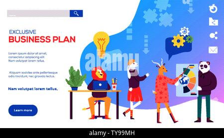 Büro leader Lion generieren Ideen, Mitarbeiter realisieren Sie, Kollegen erstellen Businessplan, der Strategie für nachhaltige Entwicklung, Wachstum Politik entwickeln. Konzept der Ideenfindung, Beratung, Teamarbeit. Vektor flach. Stock Vektor