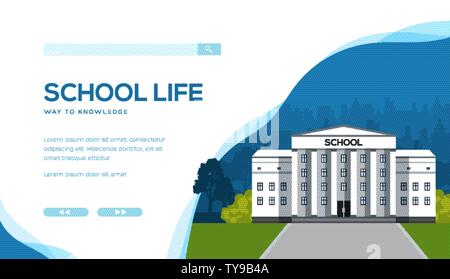 Schule Gebäude gegen städtischen Hintergrund mit Bäumen und Sträuchern. Zurück zum Konzept der Schule. Hochschule, Universität, Bibliothek Bau im flachen Stil. Vector Illustration. Kopieren Sie Raum, Ort für Text. Stock Vektor