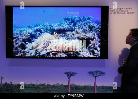 Ein Mann prüft einen Sony 65" 4 KTV auf Anzeige in der Sony Stand in der Nacht vor der Eröffnung der 2013 International CES, einer Messe für Consumer Electronics, im Las Vegas Convention Center in Las Vegas, Nevada am 7. Januar 2012. UPI/Molly Riley Stockfoto