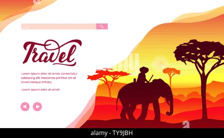 Silhouette von Hatted Mann auf Elefanten während des Sonnenuntergangs. Savanna Landschaft mit Bergen, Feldgehölze, baobabs. Die Tierwelt Afrikas. Horizontale Vektor Design der Webseite für Biologie, Ökologie, touristisches Projekt. Stock Vektor