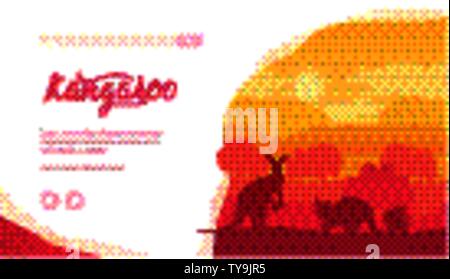 Silhouetten der Kängurus, Bäume, Hügel bei Sonnenuntergang. Die australische Tierwelt mit Tieren und Pflanzen. Horizontale vektor design, Vorlage für Zoologie, Ökologie, touristisches Projekt. Für Text, kopieren. Stock Vektor